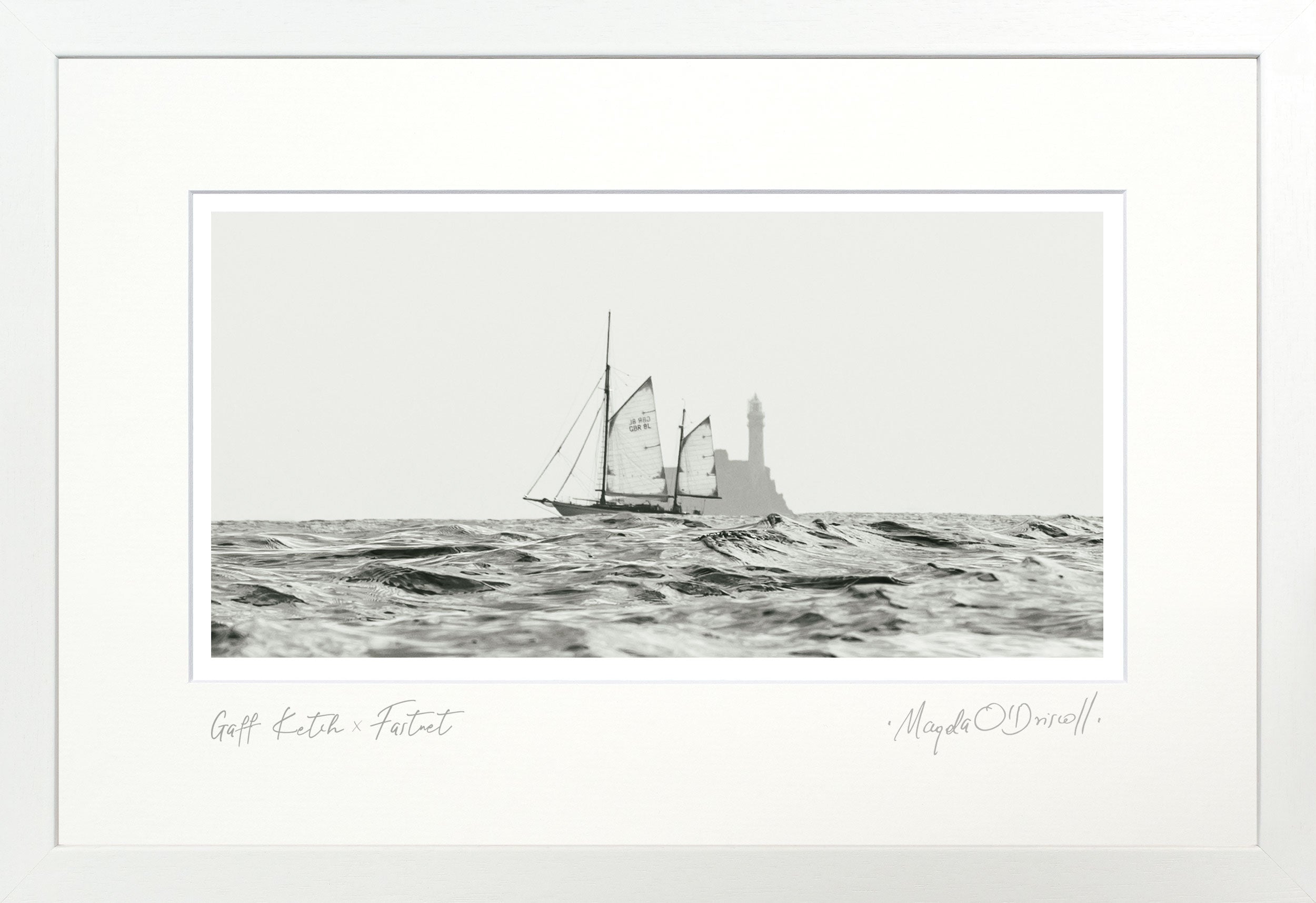 Black and white illustration of a sailboat on water with a white border