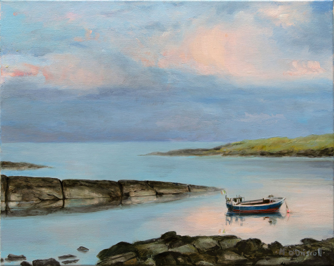 Painting of a boat on a calm body of water with a rocky shore and cloudy sky.