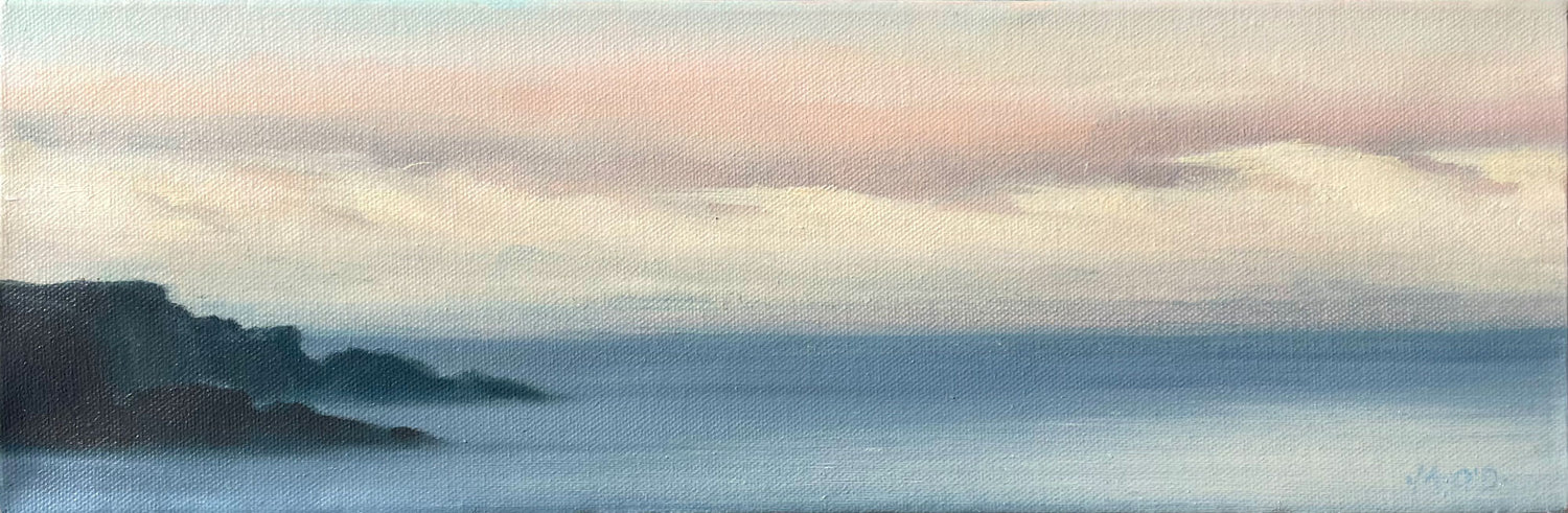 Panoramic view of a coastal landscape with cliffs and misty sea.