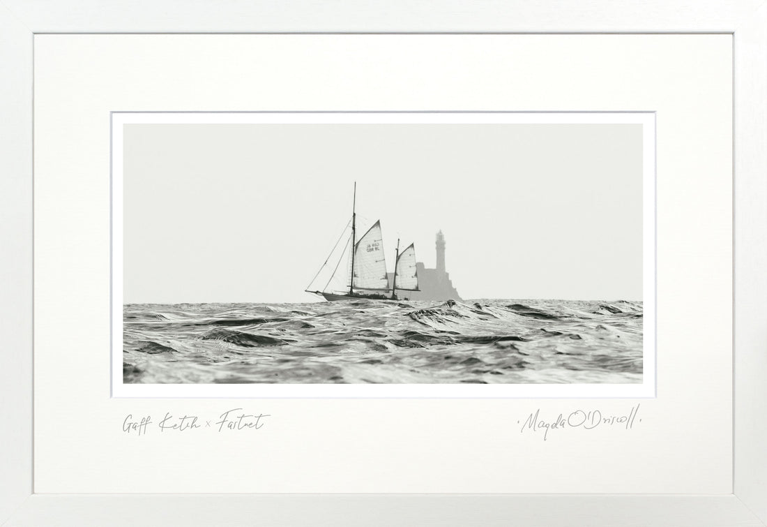 Black and white illustration of a sailboat on water with a white border