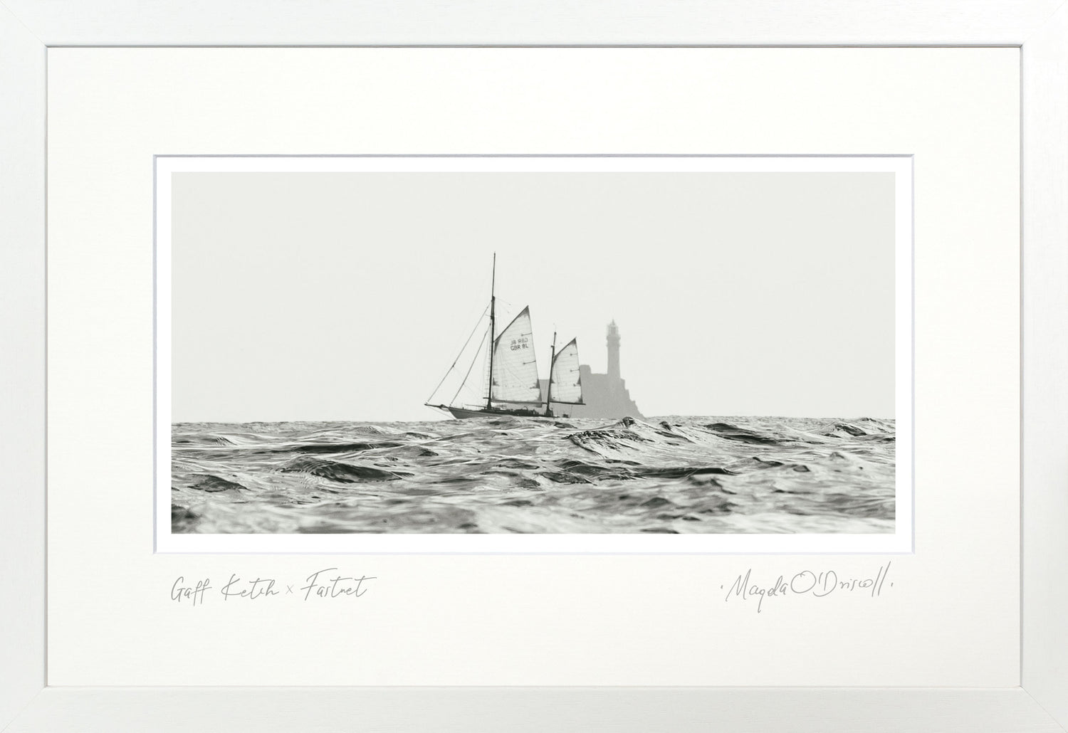 Black and white illustration of a sailboat on water with a white border