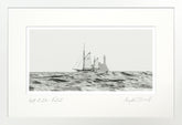 Black and white illustration of a sailboat on water with a white border