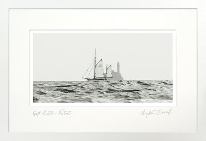 Black and white illustration of a sailboat on water with a white border