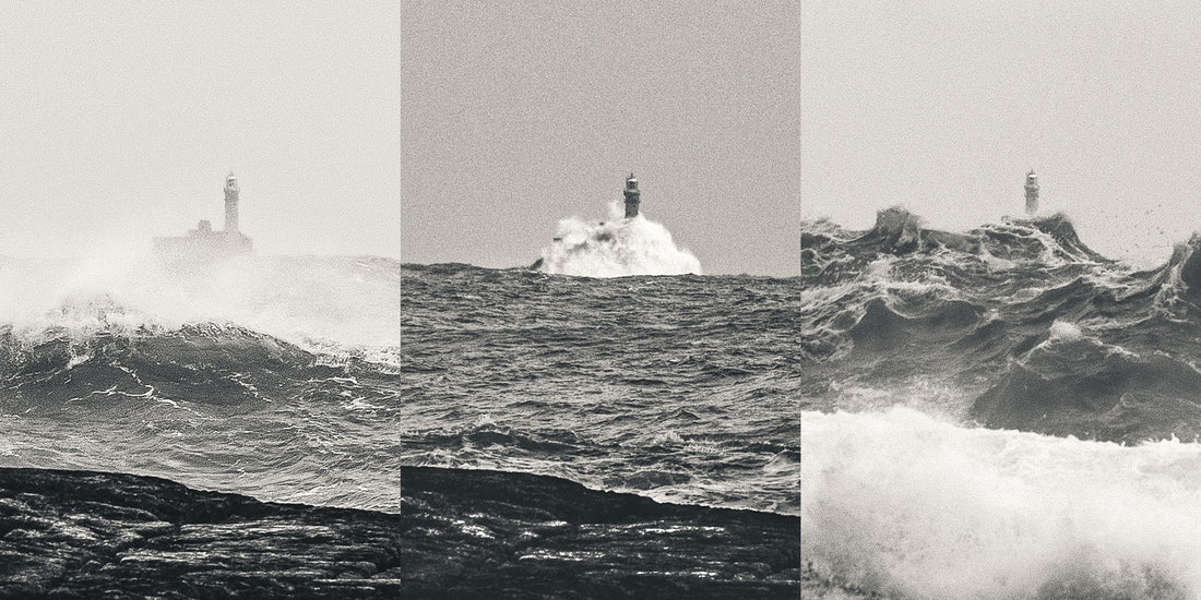 Three panels showing a lighthouse on a rocky island with waves in a black and white triptych.