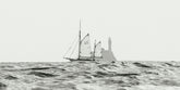 Sailing ship on choppy waters with aighthouse in the background