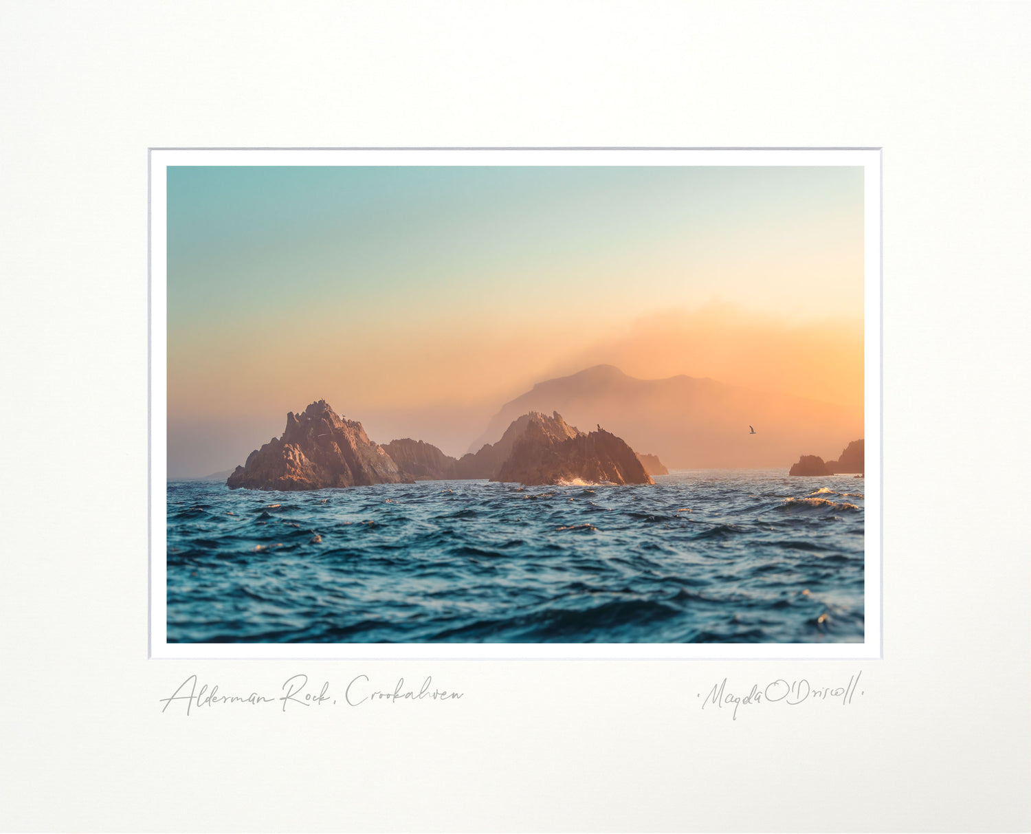 Sunset over the ocean with rock formations, signed by Alfredo Rodriguez Crookshanks.