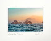 Sunset over the ocean with rock formations, signed by Alfredo Rodriguez Crookshanks.